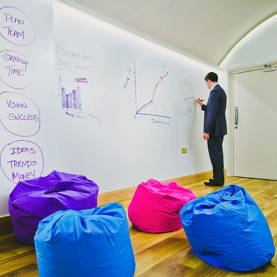 Collaborative workspace with large whiteboard paint wall for brainstorming