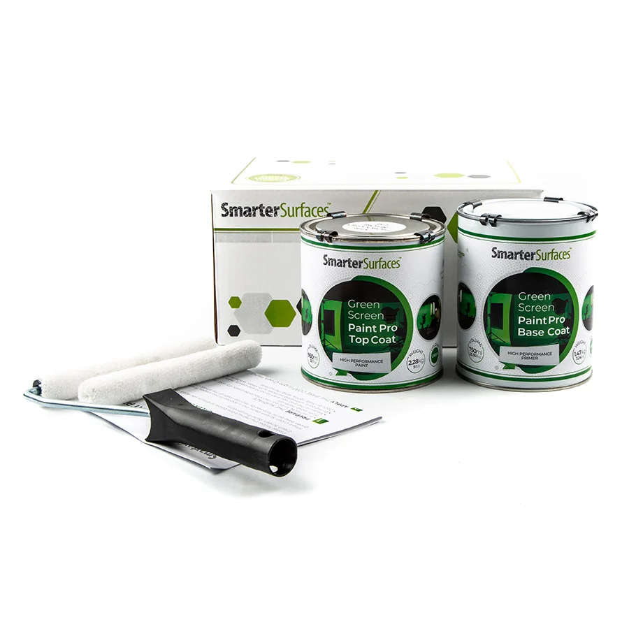 Green screen paint kit contents top coat base coat and roller Green screen paint kit contents top coat base coat and roller