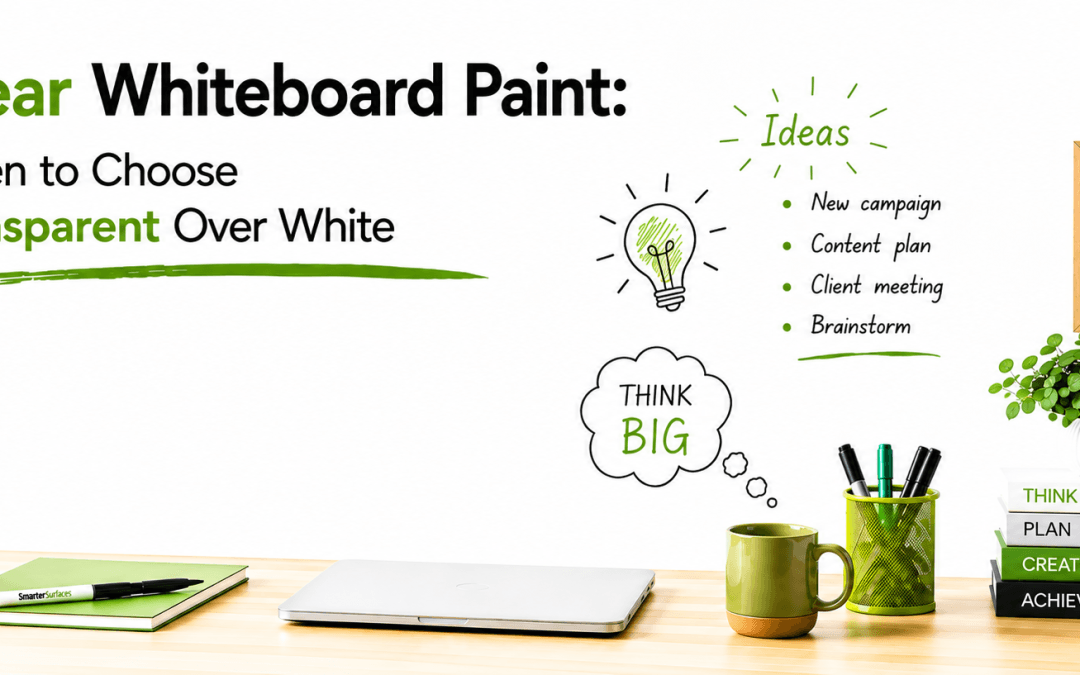 Image answers question when to use clear whiteboard paint, featuring icons and text on a light green wall with a desk setup.