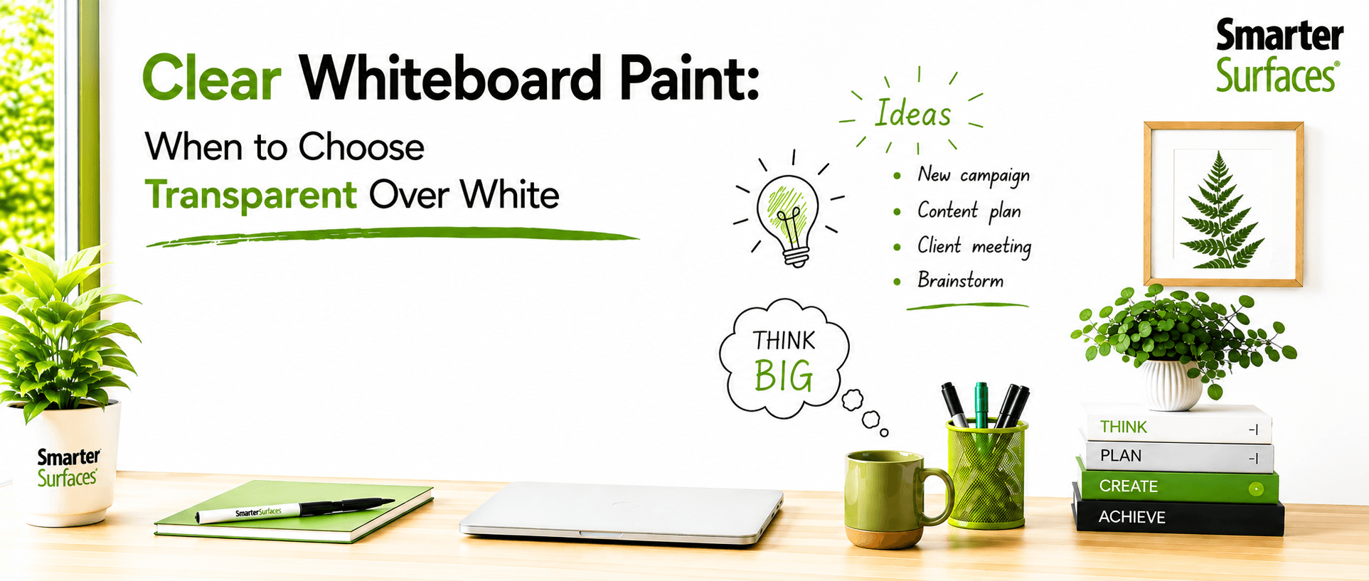 Image answers question when to use clear whiteboard paint, featuring icons and text on a light green wall with a desk setup.