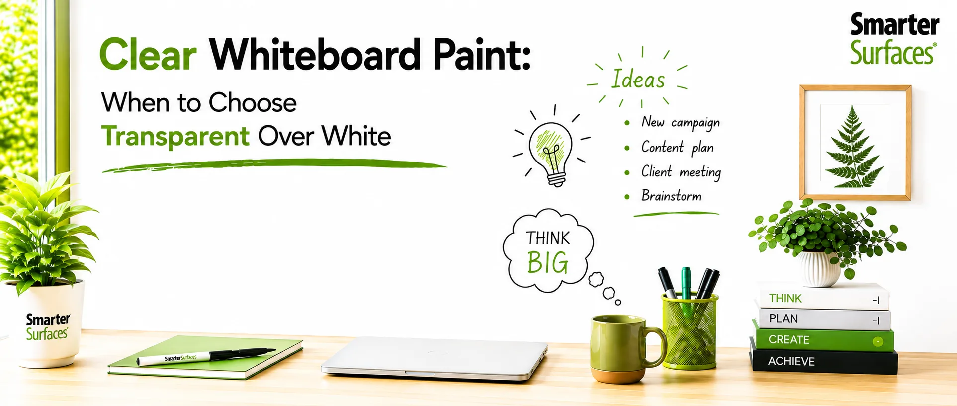 Image answers question when to use clear whiteboard paint, featuring icons and text on a light green wall with a desk setup.