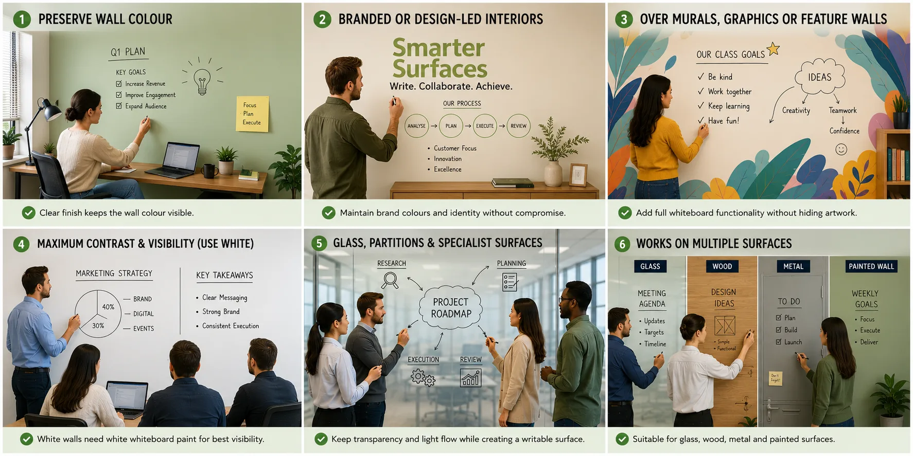 Picture4 Six panel graphic comparing transparent whiteboard paint and white whiteboard paint across offices, classrooms and surfaces.