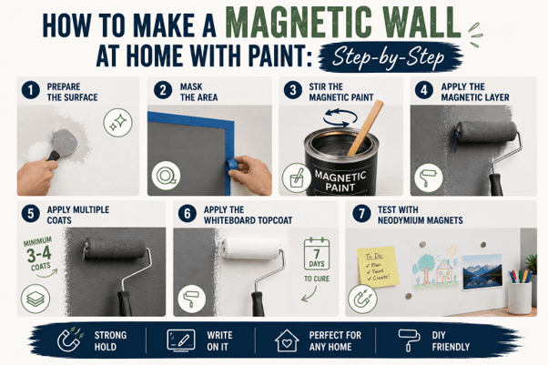 Step-by-step magnetic wall paint DIY for homeowners showing preparation, painting, curing, and neodymium magnet testing