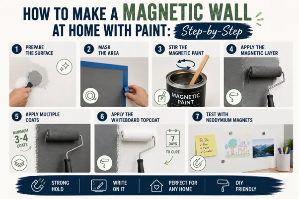 Picture5 Step-by-step magnetic wall paint DIY for homeowners showing preparation, painting, curing, and neodymium magnet testing