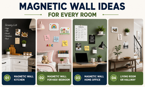 Magnetic wall ideas for the kitchen, kids' bedroom, home office, and living room in a modern home