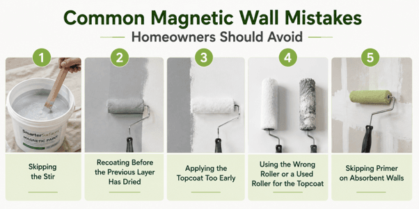 Magnetic paint not working tips showing homeowner mistakes like skipping primer, poor stirring, incorrect roller use, & more