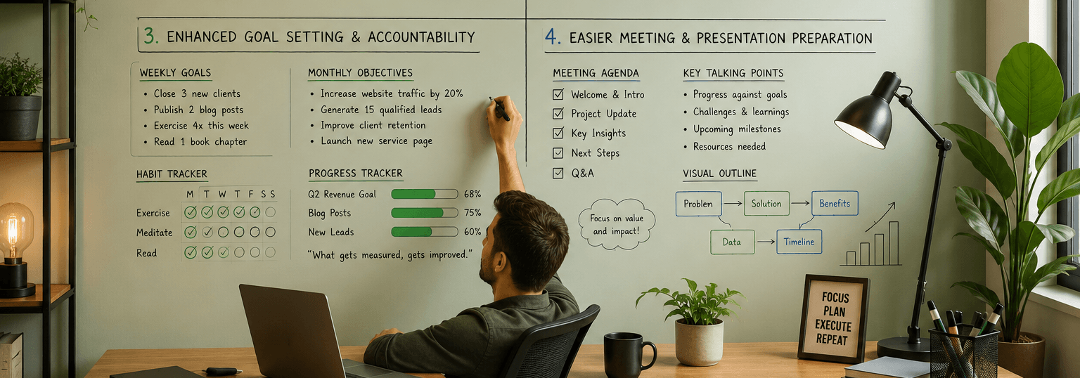 Whiteboard home office productivity wall for task management, goal setting, brainstorming, and presentation meetings.