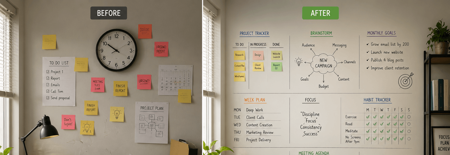 whiteboard paint for home office, where one image displays unorganised home desk and other displays organised wall with ideation and presentation.