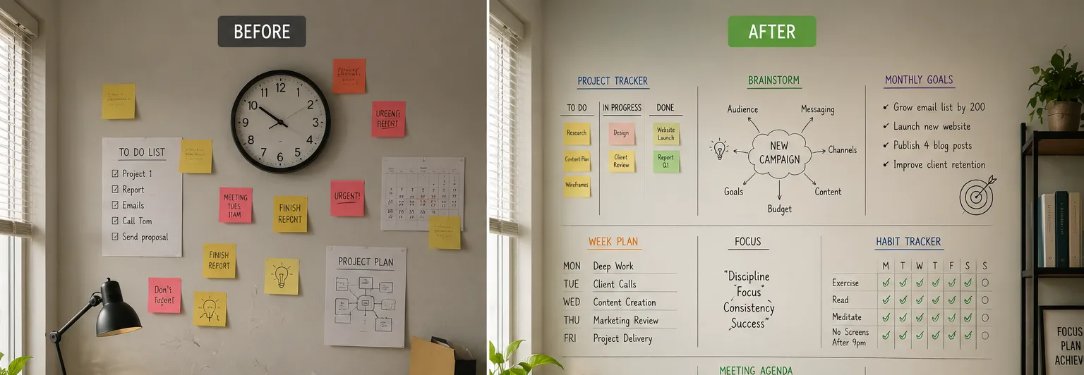 whiteboard paint for home office, where one image displays unorganised home desk and other displays organised wall with ideation and presentation.