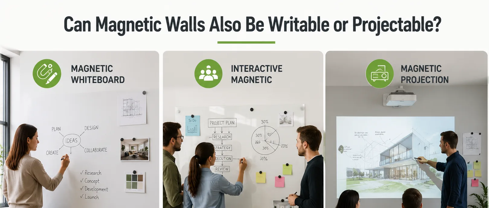 Picture3 Writable and projectable magnetic wall applications for offices, classrooms, and meeting rooms.